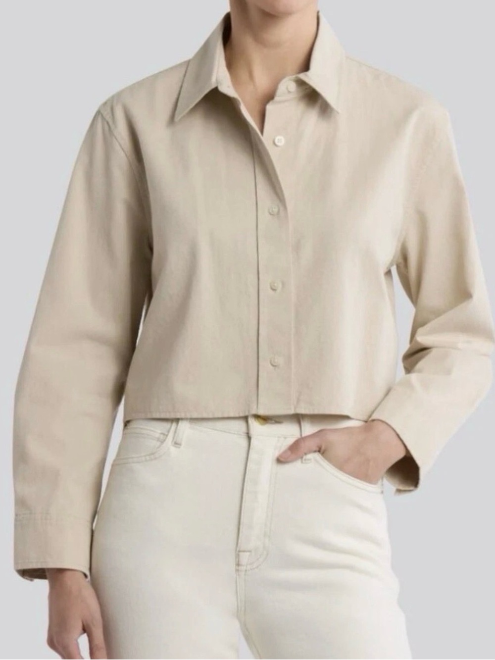 Vince Womens Medium Cropped Button Down Shirt Beige Tan Cotton Boxy Top M
